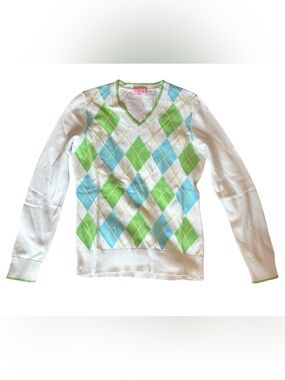 Lilly Pulitzer White V-Neck Argyle Spring Sweater 100% Cotton